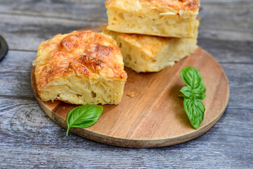 Bakery .Home made  cheese pie  with phyllo pastry, feta cheese  and organic eggs. Bulgarian banitsa