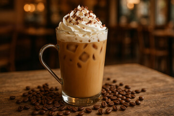 Iced mocha coffee topped with whipped cream and chocolate flakes, served in a clear glass mug surrounded by coffee beans on a wooden table.