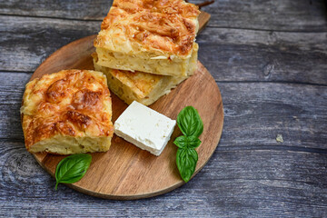 Bakery .Home made  cheese pie  with phyllo pastry, feta cheese  and organic eggs. Bulgarian banitsa