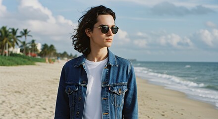 Person Walking on Sandy Beach Wearing Sunglasses and Denim Jacket