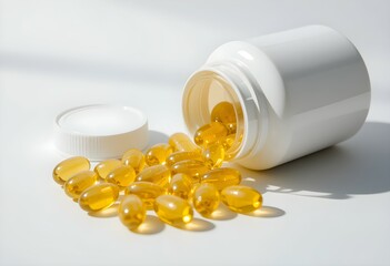 Health Supplement Concept: Softgel Capsules Spilled from White Bottle