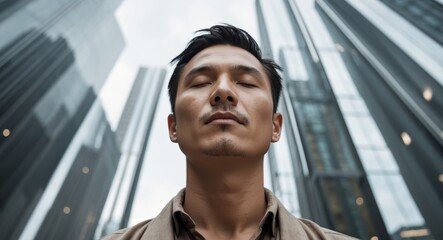 Serene Businessman Amidst Skyscrapers. Mindfulness and Urban Calm, Portrait.