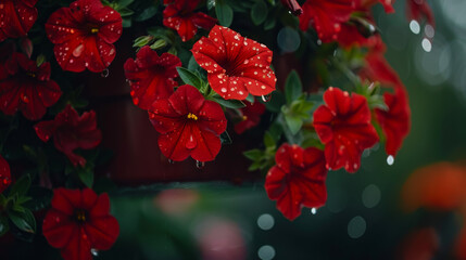 A close-up of vibrant red petunias in a hanging basket, adorned with raindrops.