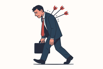 Betrayal backstab businessman arrows back wounded suit briefcase walking corporate treachery deception hurt pain metaphor colleague trust broken partnership business concept vector