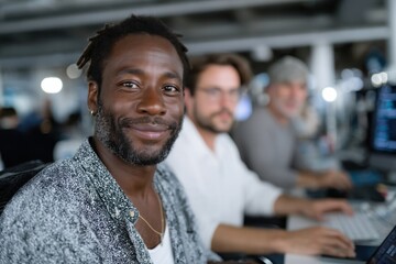 A smiling man with dreadlocks is focused while working in a modern tech setup, showcasing teamwork, camaraderie, and a productive atmosphere in an innovative workspace.
