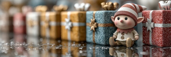 Charming holiday elf sits among colorful wrapped gifts in a festive setting