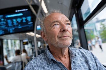 Obraz premium An older man gazes thoughtfully out of a bus window, embodying reflection, nostalgia, and the passage of time while observing the world passing by in a modern urban setting.