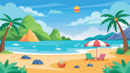 Obraz premium Tropical beach scene with palm trees and beach chairs