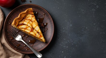 Serving Delicious Apple Pie Slice with Caramel on Dark Surface