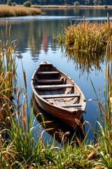 Obraz premium A wooden rowboat is moored in a reed grove on a still lake, waiting and connecting with the natural world.