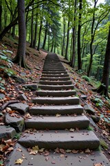 old stone steps descending into quiet forest, humility and return to roots
