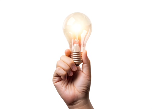 A hand holding a light bulb symbolizes a bright idea or creative solution isolated on white background PNG