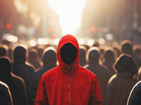 Anonymous Figure in Red Hoodie Among a Crowd, bathed in golden light, mysterious.