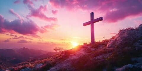 Obraz premium Stunning sunset view with a wooden cross atop a mountain landscape during twilight hours