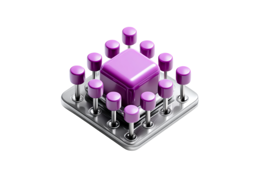 Purple cube with metallic pins on a clear background