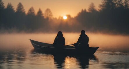 Couple in a Boat on a Misty Lake at Sunrise, Peaceful and Serene Moment.