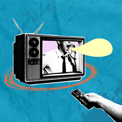 Trendy collage in pop art style. Message concept. Halftone retro TV, cut out hand with remote control, shouting announcer, speech bubble. Advertising information, news, attracting people, discounts