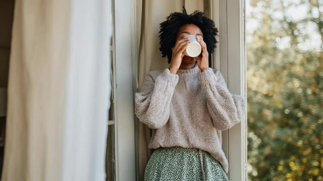 Serene woman drinking coffee on sunlit balcony, overlooking golden autumn landscape with soft morning light filtering through tree branches. Peaceful young woman relaxing, sipping warm beverage