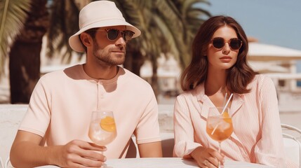 Stylish young couple enjoying refreshing summer cocktails at a seaside resort, dressed in elegant light outfits, exuding a relaxed and aesthetic vacation vibe under the palm trees.