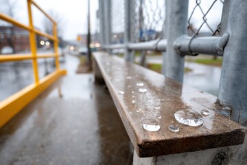 A close-up of a wooden bench with rain droplets, capturing the essence of nature's beauty, tranquility amidst urban life, and the passage of time reflected in the environment.