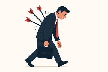 Businessman betrayed walking defeated arrows in back. Corporate backstabbing workplace betrayal metaphor. Business trust violation attack vulnerability concept backstab hurt