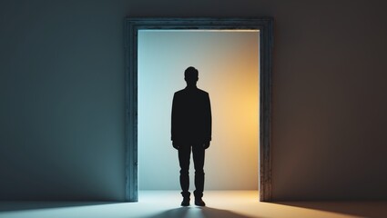 Obraz premium Silhouette of a man in a doorway, bathed in contrasting cool and warm lighting.