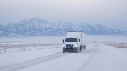A white delivery truck navigates a snow-covered road, with majestic mountains in the background