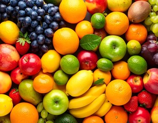 Colorful array of fresh fruit, overhead shot