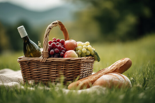 A picnic basket with fruits, baguette and wine bottle in foreground, green grass softly blurred behind.