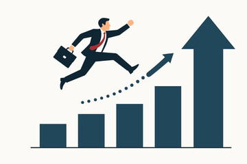 Businessman jumping over rising bar chart graph. Success growth concept. Career advancement leap. Overcoming obstacles achievement. Financial progress upward trend arrow. Ambition motivation vector.