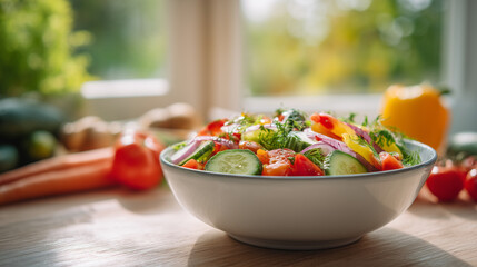 Fresh vegetable salad in white bowl, ingredients arranged in circle. Healthy eating with natural ingredients. Series.