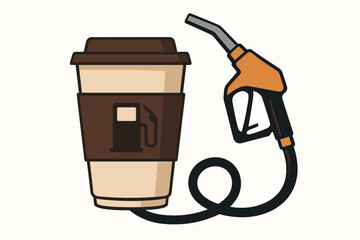Coffee fuel energy concept vector illustration. Caffeine addiction metaphor gas pump nozzle filling takeaway cup. Morning energy boost power drink fuel station design element