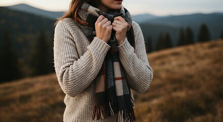 Woman Holding Scarf Outside with Mountain View on a Cool Day