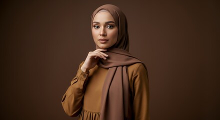 Woman in Hijab with Brown Tones Looking at Camera in Studio