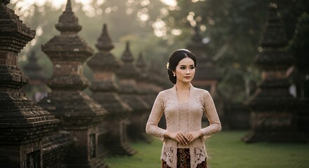 Woman Posing Outdoors in Traditional Clothing Near Stone Structures