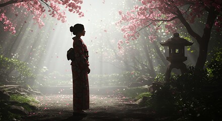 Woman Standing in Garden Under Cherry Blossoms with Fog and Light