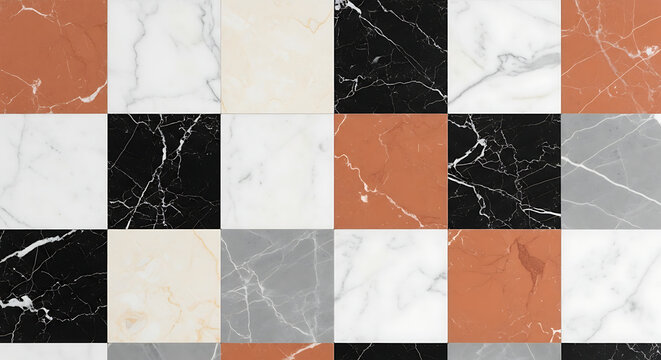 Varied marble tile pattern featuring black white gray and terracotta veined textures