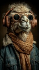 Unique llama dressed in stylish headphones and scarf, exuding a cool vibe in a vintage outfit with a cozy background