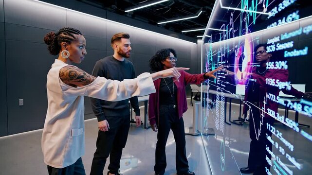 Group interacts with data interface. People analyze global metrics. Interface visualizes digital market stats. Team uses technology to manage data. Innovation in future-driven teamwork - Powered by Adobe