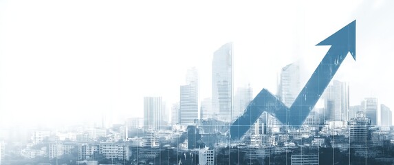 Obraz premium Blue upward arrow on growth chart over city skyline, professional vector design with clean white background for financial reports, stock market analysis dashboards