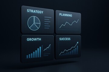Fototapeta premium A futuristic business dashboard displays modular panels highlighting strategy planning growth and success to support informed decisions and leadership