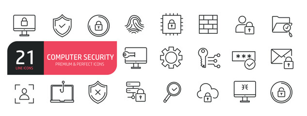 Set of line icons related to padlock, bomb, computer virus, protection, data. Outline icons collection. Editable stroke. Vector illustration.