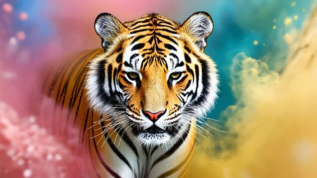 Striking tiger portrait with colorful abstract background animal face close up