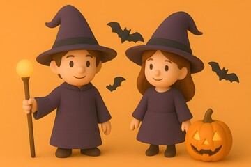 Playful Cartoon Wizards with Pumpkin and Bats for Halloween Fun