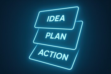 This glowing arrangement represents the core stages business strategy emphasizing planning and decisive action to drive growth and innovation