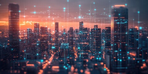 Obraz premium a futuristic city beneath a glowing horizon, with advanced skyscrapers, automated vehicles, and a vibrant, tech-driven atmosphere.