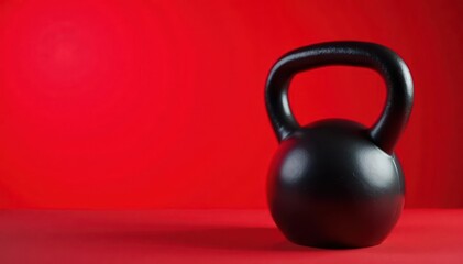 Fototapeta premium Black kettlebell against vibrant red backdrop, training, vibrant