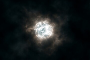 Bright cosmic sphere amidst dark clouds