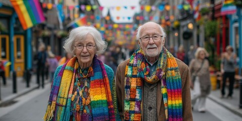 Obraz premium Embracing Love Through Time: Smiling Elderly Couple in Rainbow Scarves Walking Hand in Hand along Quiet LGBTQ Pride Decorated Street
