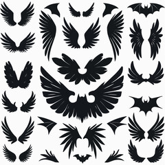Obraz premium wing vector set, wing logo designs. Various artistic wing illustrations, bird, angel, bat, eagle, and minimalist wing icons for branding, tattoos, emblems, or fantasy design projects